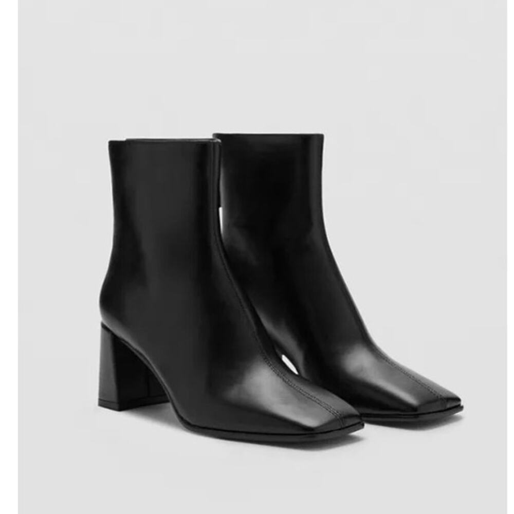 Mango Minimalist Black Vegan Leather Ankle Block Heel Boots 7.5 Classic Elegance